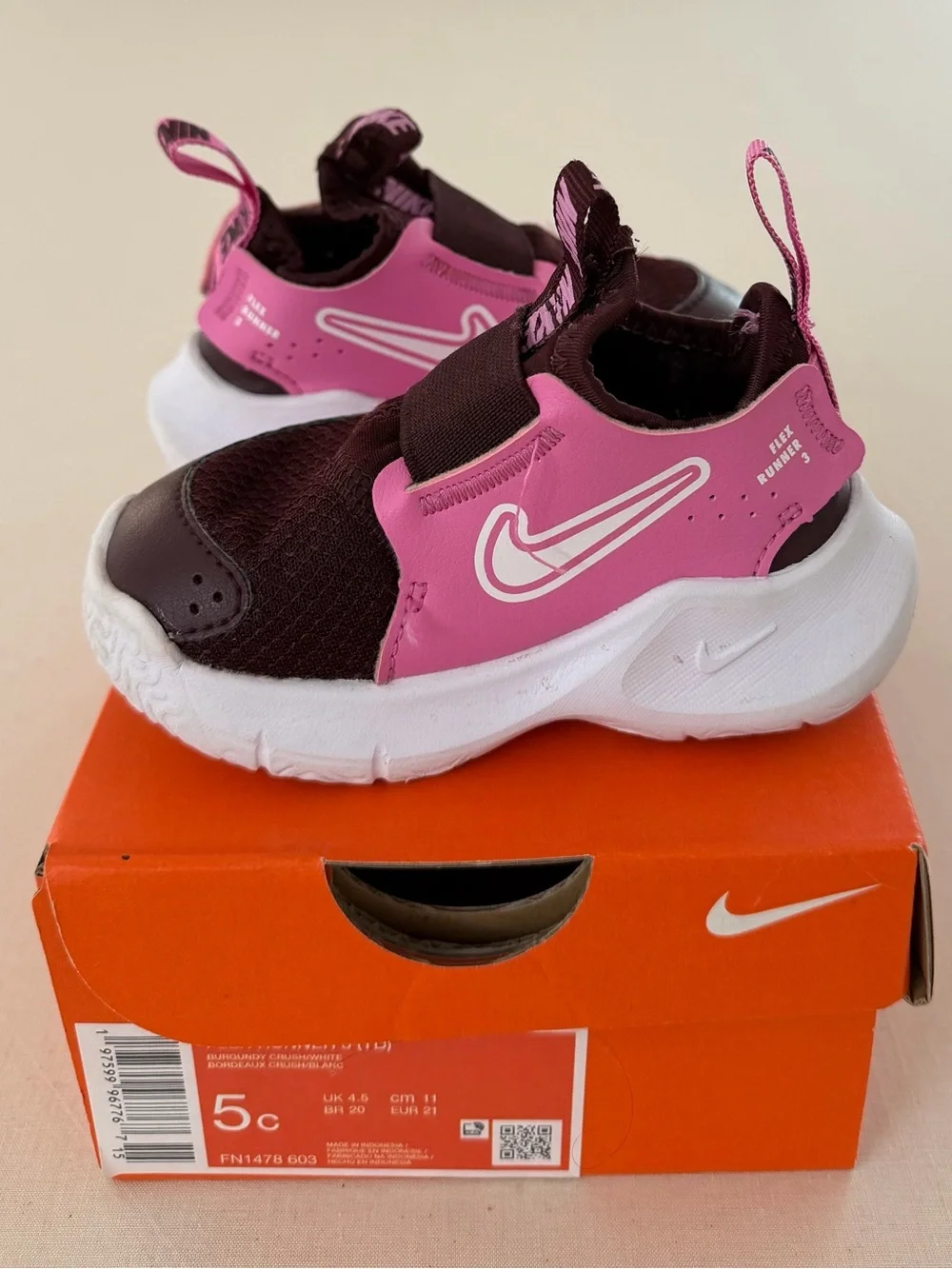 Nike Kids Burgundy and Pink Slip-On Sneakers (Size 5c)